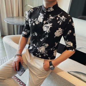 8213-P53 印花衬衫男士夏季新款中袖衬衣 立领五分袖衬衫图片
