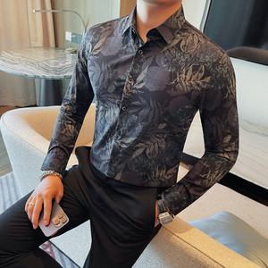 9885-P58 高端碎花长袖衬衫男士秋冬痞帅修身百搭衬衣图片