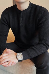 3716-P78 无领针织长袖毛衣男士秋冬新款粗毛线扣子领打底衫图片