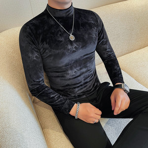 T6913-P58 绒布印花男士打底衫秋冬款新款半高领内搭中领长袖T恤图片
