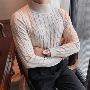 8513-P75半高领毛衣秋冬男士英伦修身扭花针织衫套头长袖提花打底图片