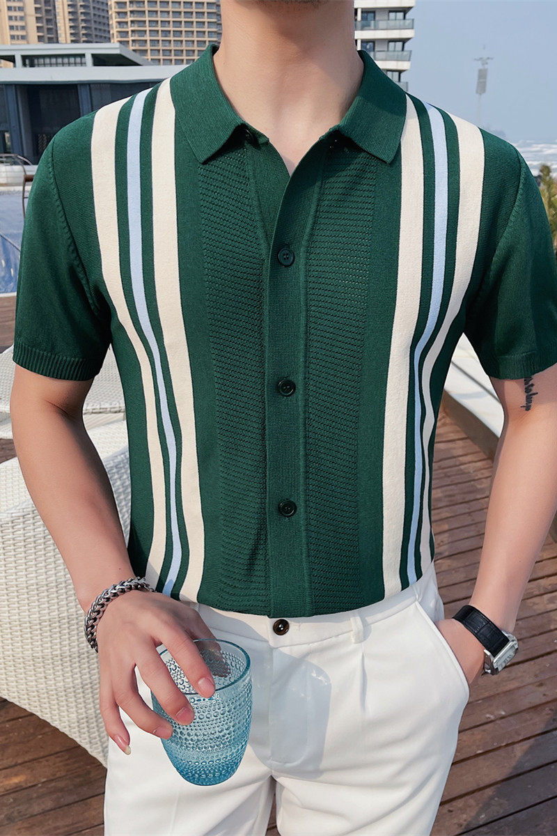 M52-P78针织冰丝条纹短袖polo衫男士夏季撞色开衫翻领t恤,男装Polo衫,电商B333