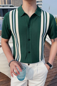 M52-P78 针织冰丝条纹短袖polo衫男士夏季撞色开衫翻领t恤图片