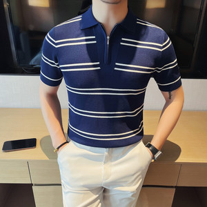 3756-P65条纹针织冰丝短袖POLO衫男士夏季拉链款翻领体恤