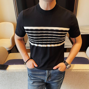 3778-P58 圆领针织冰丝短袖男士夏季新款条纹百搭T恤图片