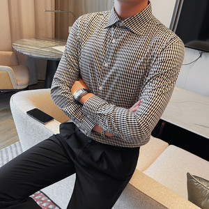 1111-P75 格子长袖衬衣男士秋冬新款修身潮流休闲帅气衬衫图片