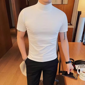 主推大货 5881-特P40男士夏季短袖t恤紧身纯色体恤修身半高领打底图片