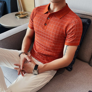 1217-P58 针织polo衫男士夏季短袖翻领修身格子体恤半袖t恤图片
