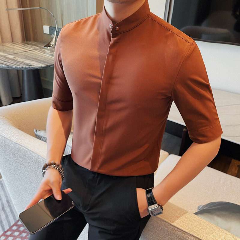C7122-P5879短袖衬衫男士纯色立领暗扣衬衣商务休闲百搭寸衫,男装T恤,电商B333