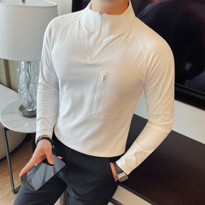 T555-P78 鲨鱼皮半高领高弹立领体恤男士秋冬新款拉链插肩袖T恤图片