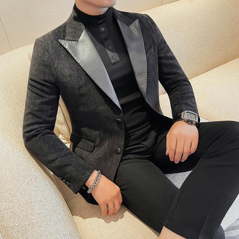 23660-P165领子拼皮西装男士秋冬新款两粒单排扣西服外套,男装西服,电商B333