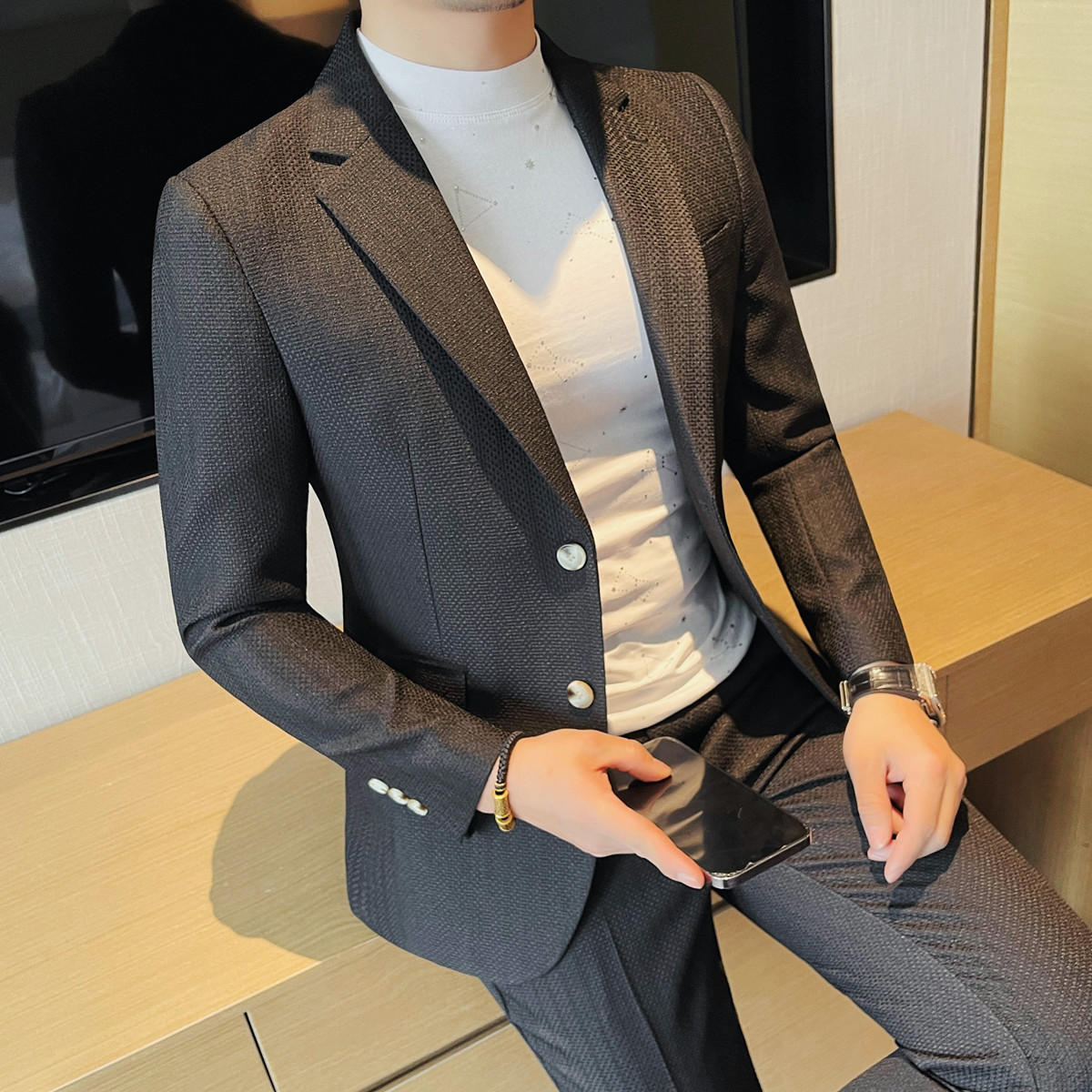 XF1075-P138华夫格西装高级感男士修身新款白色单西,男装西服,电商B333