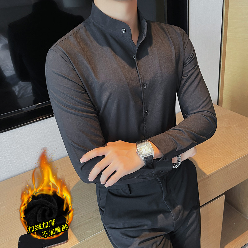 JR7882-P68 衬衫男士长袖修身立领衬衣潮流商务休闲加绒衬衣图片