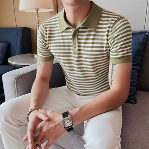 1216-P58 针织polo衫男士夏季条纹翻领半袖t恤 针织冰丝图片