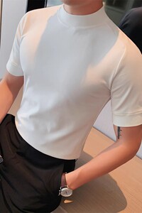 5857-特P40 秋季男士短袖打底衫 纯色半高领修身T恤 抓绒中领T图片