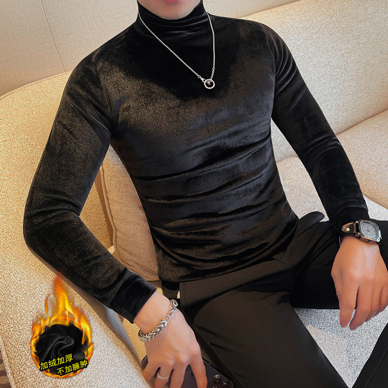 6992-特P50半高领加绒加厚长袖体恤男士冬季金丝绒打底衫，男装T恤，电商B333