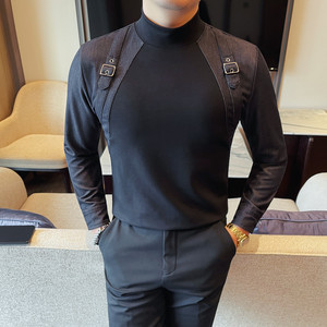 7590-P68 时尚半高领长袖T恤男黑色背带款修身弹力百搭休闲打底衫图片