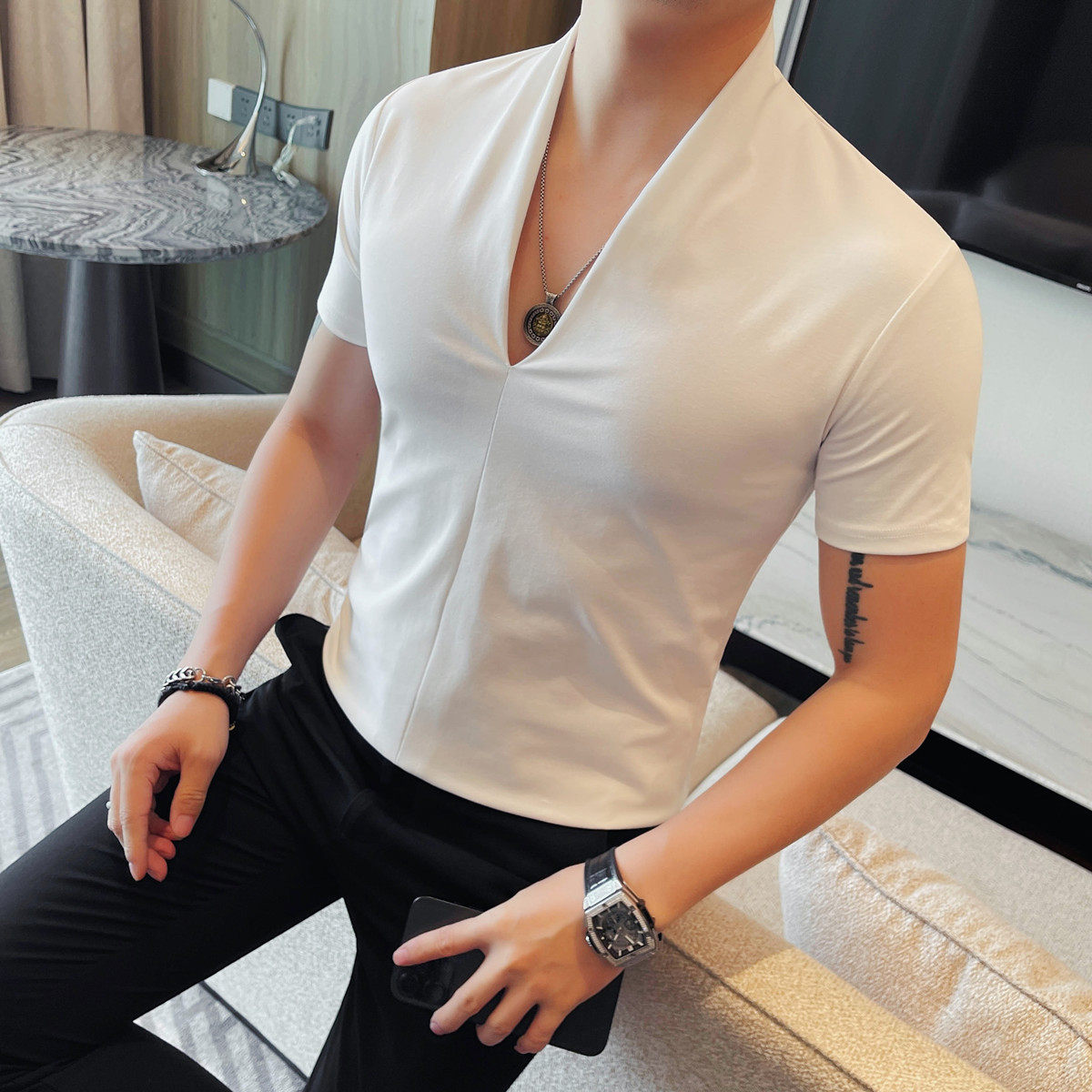 2623-P43男士短袖夏季新款时尚百搭休闲V领短袖T恤,男装T恤,电商B333