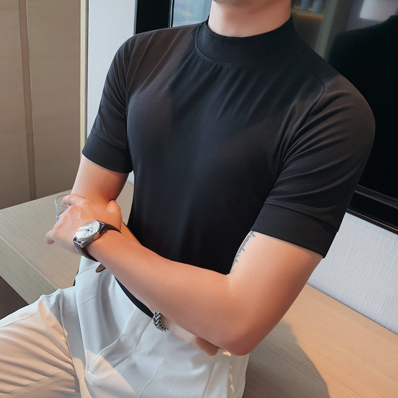 5857-特P40 秋季男士短袖打底衫 纯色半高领修身T恤 抓绒中领T图片