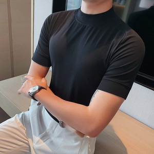 5857-特P40 秋季男士短袖打底衫 纯色半高领修身T恤 抓绒中领T图片