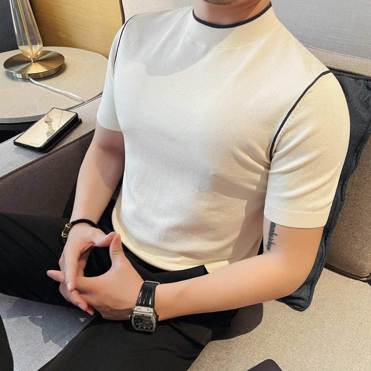 3776-P58针织短袖男士夏季线条设计感小众百搭休闲圆领简约T恤图片