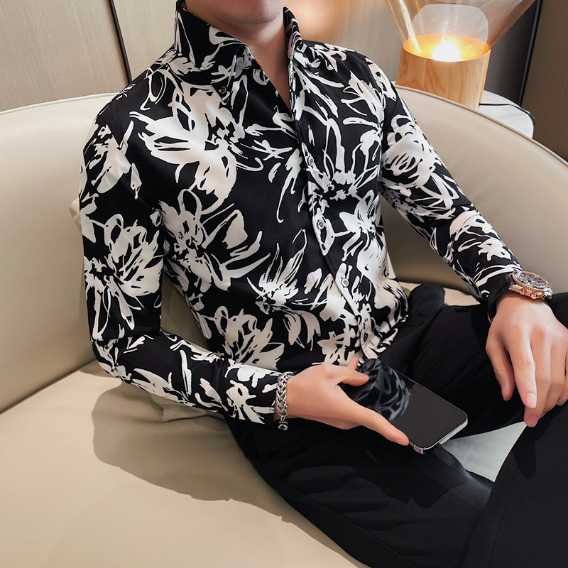 C3129-P78只有白色M印花衬衫男士潮流时尚长袖衬衣,男装衬衫,电商B333