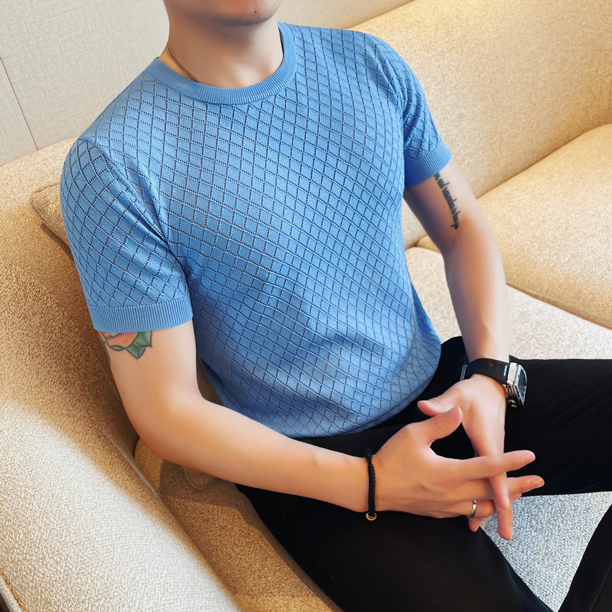 8541-P53针织冰丝短袖圆领体恤男士镂空半袖格子T恤，男装T恤，电商B333