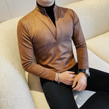 7927-P65假两件长袖体恤男士冬季新款休闲纯色打底衫修身，男装T恤，电商B333