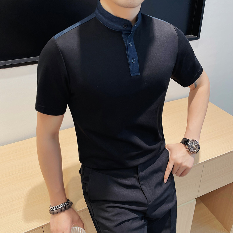 7873-P58牛仔拼接短袖POLO衫男士夏季新款立领半袖体恤,男装Polo衫,电商B333