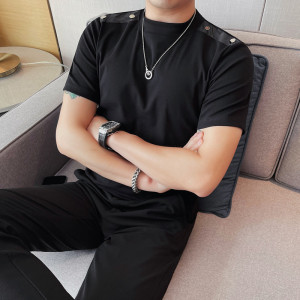 T2408-P48 小中领短袖T恤男士修身打底衫 肩扣子个性设计图片