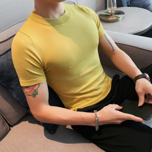 068-特P40 春夏男生纯色圆领T恤 韩版修身冰丝短袖针织衫图片