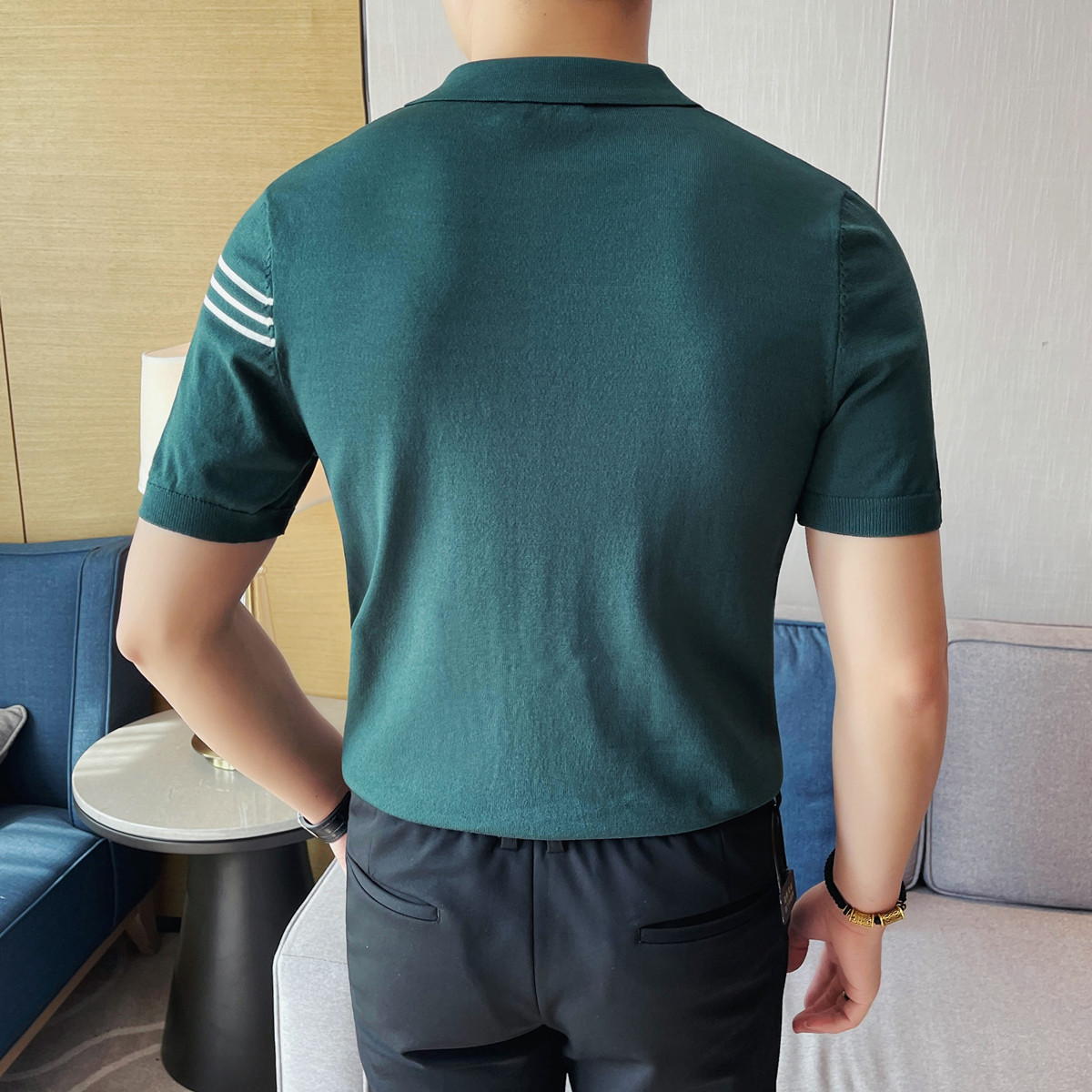 3768-P68短袖针织冰丝t恤男士夏季圆领镂空半袖体恤POLO衫拉链,男装T恤,电商B333