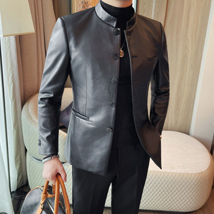 XF1086-P175 新中式黑色立领皮衣男外套男士西装休闲商务西服图片