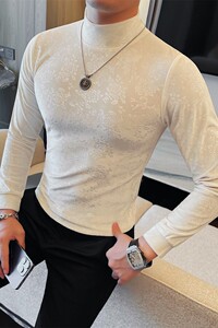 T6911-P58 冬季修身男半高领长袖T恤轻奢绒布压花加厚中领打底衫图片