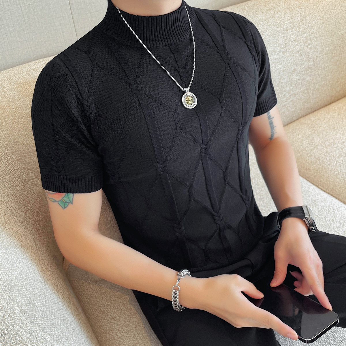 8532-P58 简约百搭修身针织衫男士春夏新款半高领套头打底衫图片