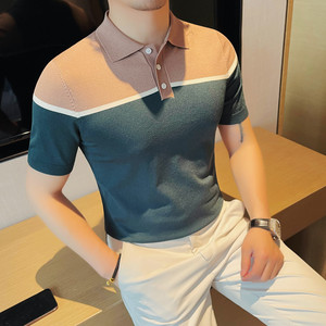 3773-P63 短袖针织polo衫男士透气中袖冰丝T恤打底衫撞色领修身图片
