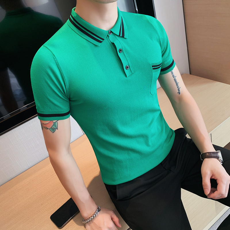 A012-P58短袖polo衫男士夏季修身针织衫休闲翻领纯色T恤绿色,男装T恤,电商B333