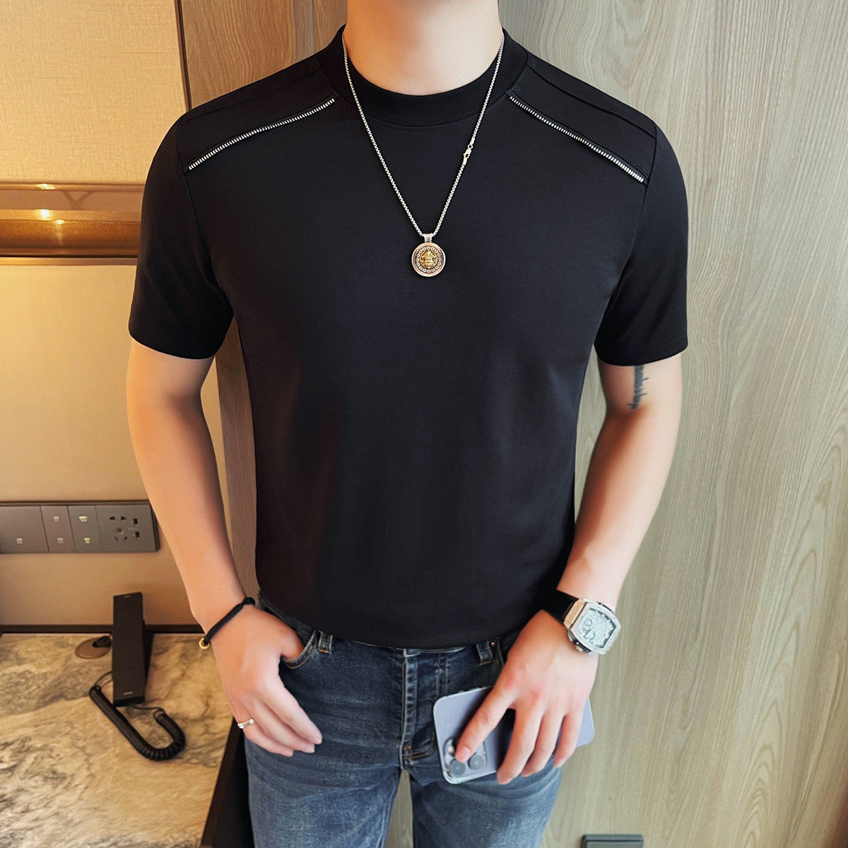 7509-P48 短袖圆领体恤男士夏季新款纯色百搭半袖T恤图片