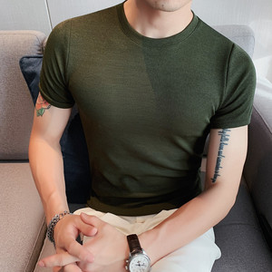3382-P28韩版修身打底衫 圆领纯色休闲短袖T恤男 白色图片