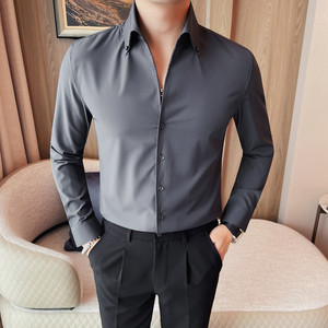 7667-P60新增两色V领衬衫男士秋冬新款纯色百搭衬衣商务正装,广州地铁潮流穿搭图片