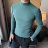 3392-P38秋冬男士半高领韩版修身长袖T恤打底衫条纹套头中领体恤t，男装T恤，电商B333