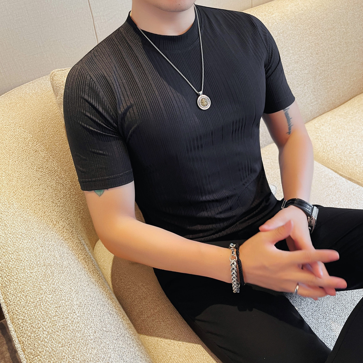 7529-特P30 男士短袖夏季新款时尚百搭休闲圆领短袖T恤图片
