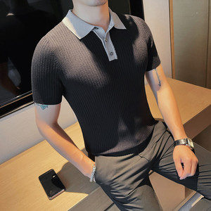 PT34-P58 條紋針織短袖polo衫男士夏季薄款透氣修身翻領(lǐng)，男裝T恤，電商B333