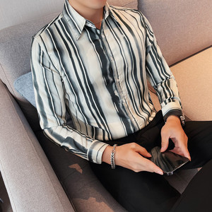 7896-P65 男士长袖衬衫秋季条纹修身潮流休闲帅气衬衣图片