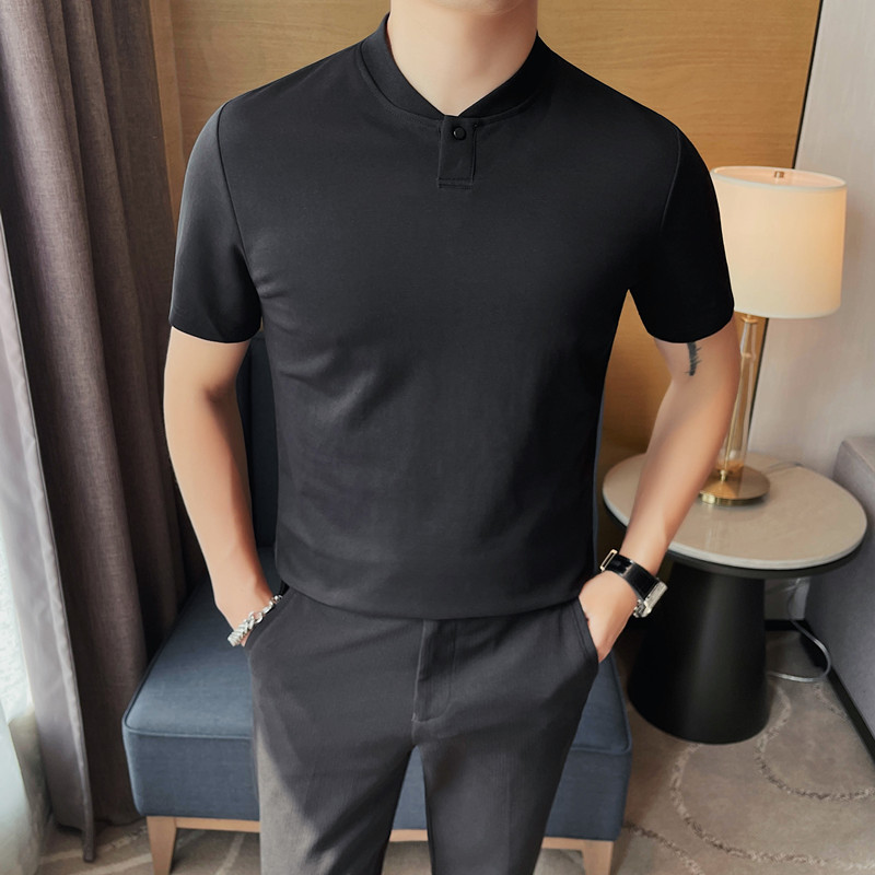 7866-P58一粒扣POLO衫无领短袖体恤纯色百搭休闲T恤,男装Polo衫,电商B333