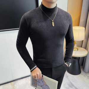7596-P48摇粒绒厚体恤男士修身弹力保暖打底衫秋冬季加厚半高领