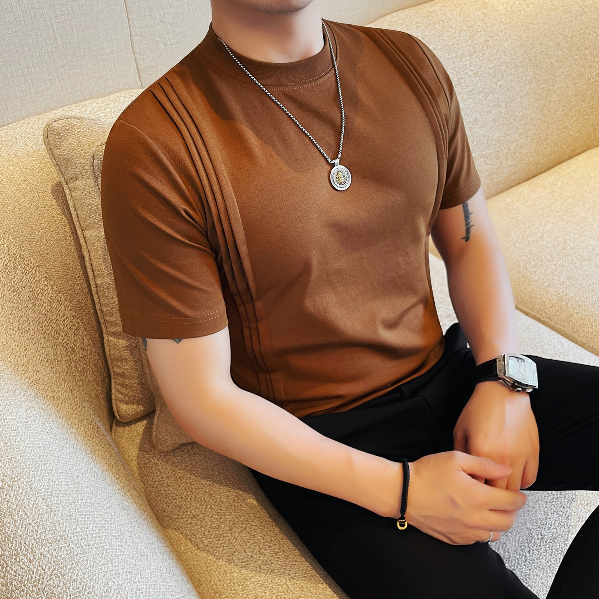 7519-P48男士夏季新款休闲短袖T恤时尚百搭修身半袖圆领体恤,男装T恤,电商B333