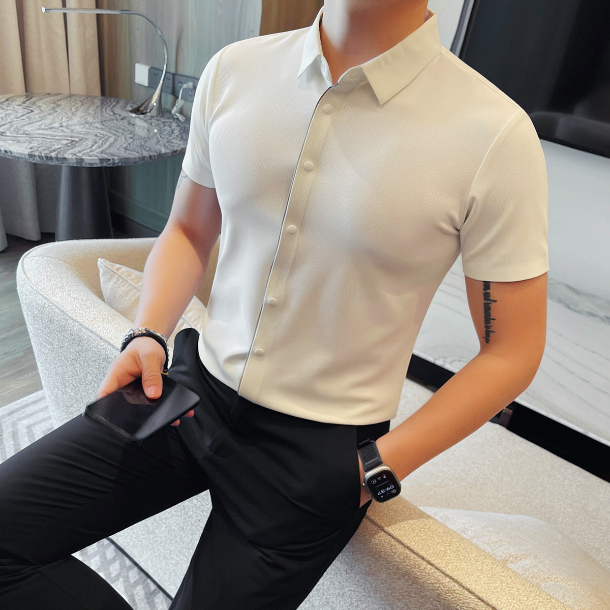 MJ1005-P58冰丝华夫格短袖开衫POLO衫男士夏季新款商务休闲修身,男装T恤,电商B333
