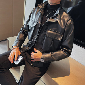 6803-P120 立领皮衣男士秋冬新款皮外套 皮夹克 大口袋机车皮衣图片