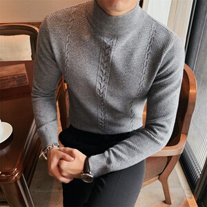 8507-P75长袖毛衣男士秋冬半高领提花套头针织衫休闲纯色中领线衫图片